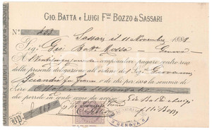 Oggetto da collezione cartaceo 1888 SASSARI  Ditta Giovanni Battista e Luigi Fratelli BOZZO  Cambiale 1