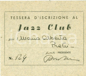 Oggetto da collezione cartaceo 1955 ca TORINO Tessera iscrizione JAZZ CLUB  Tessera 1
