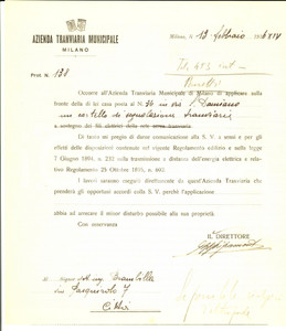 Documento originale, autentico 1936 MILANO Azienda Tranviaria Municipale  Cartello stradale in via SAN DAMIANO 1