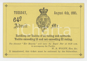 1895 ROYAL SOUTHAMPTON YACHT CLUB Ticket 9x6 cm Tessera d'epoca.  FAIR/discreto Lievi smussature agli angoli Formato: 9x6 cm originale e autentica 1