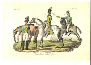 Stampa, bozzetto originale 1830 ca FERRARIO COSTUME EUROPEO Cavalleria portoghese VERICO Colorata a mano 1