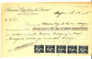 Documento originale, autentico 1946 Banca Popolare di LUINO  Ricevuta con bolli Lire 5 1