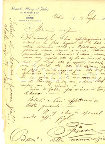 Manoscritto, lettera originale 1913 UDINE Lettera Delfino COMETTO su carta intestata GRANDE ALBERGO D ITALIA 1