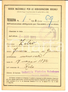 Documento originale, autentico 1923 SCHIO (VI) Cassa Assicurazioni Sociali - Tessera di Francesco ZILIO 1