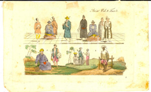 Stampa, bozzetto originale 1830 ca COSTUME ASIA Giornata di un dignitario Stampa acquerellata 18x11 cm 1