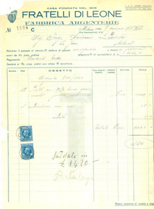 Documento originale, autentico 1935 MILANO Fabbrica argenterie Fratelli DI LEONE Fattura DANNEGGIATA 1