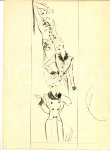 Stampa, bozzetto originale 1938 Moda donna ANNI  30 Bozzetto cappotti invernali AUTOGRAFO 1