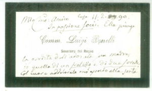 Autografo originale 1890 ROMA Condoglianze senatore Luigi BONELLI  Biglietto da visita autografo 1