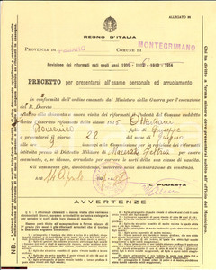 Documento originale, autentico 1937 MONTEGRIMANO (PU) Leva di OTTAVIANI riformato 1