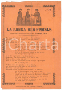Oggetto da collezione cartaceo 1889 FIORENZUOLA D ARDA La lenga dele fumele  Canzone dialetto piacentino 1