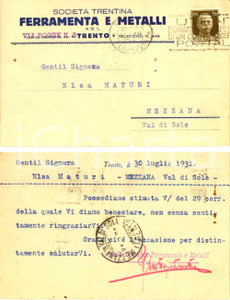 1931 TRENTO Società Trentina FERRAMENTA e METALLI a Elsa MATURI *Cartolina FP VG