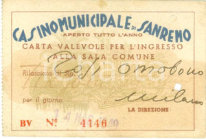Oggetto da collezione cartaceo 1949 SANREMO IM Casinò municipale Biglietto d ingresso per sala comune 1