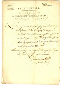 1809 REGNO D'ITALIA MOMBELLO Commissione Cantonale di Leva - Lista coscritti Documento del Regno d'Italia.  CONDIZIONI: poor (tracce di umidit&agrave; d erosione al margine superiore)PAGINE: 4+2 (3 scritte)    originale e autentica 1