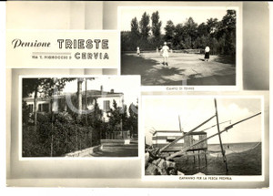Cartolina originale da collezione 1954 CERVIA RA Pensione TRIESTE  Vedutine con campo di tennis Cartolina FG 1