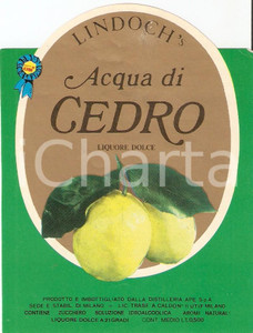 Materiale pubblicitario d’epoca 1970 ca MILANO Distilleria APE Liquore dolce LINDOCH S Acqua di cedro Etichetta 1
