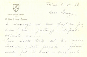 Autografo originale 1959 TORINO Comando Divisione CREMONA Capo Stato Maggiore VENTURI Autografo 1