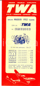 Materiale pubblicitario d’epoca 1952 TWA Trans World Airlines  Orari e tariffe internazionali Pieghevole 1