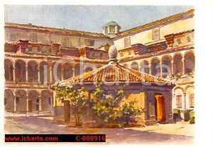 Cartolina originale da collezione 1939 MILANO Cortile della Pigna OSPEDALE MAGGIORE Illustr. Giannino GROSSI FG NV 1