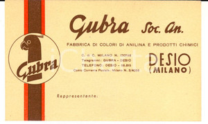 Materiale pubblicitario d’epoca 1950 ca DESIO MB Soc. An. GUBRA Colori di anilina Cartoncino pubblicitario 1