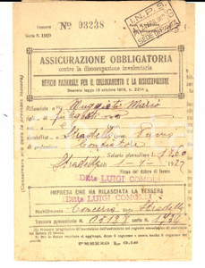 Documento originale, autentico 1922 STRADELLA Assicurazione contro disoccupazione Mario MUGGIATI ditta COMOLLI 1