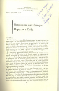 Libro, pubblicazione d epoca 1966 Rocco MONTANO Renaissance and Baroque: reply to a critic  Invio autografo 1