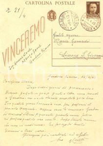 Documento originale, autentico 1943 GARDONE RIVIERA Cartolina ing. Giovanni CONTE a Maria GERARDI FG VG 1
