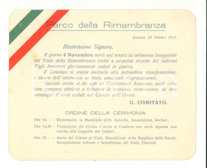Documento originale, autentico 1925 ANZANO CO Inaugurazione Parco della Rimembranza 1
