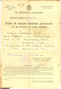 Documento originale, autentico 1940 SAN COSTANZO (PU) Congedo illimitato a Dino SECCHIAROLI *Documento 1