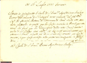 Manoscritto, lettera originale 1771 COCOMARO DI CONA (FE) Convento San Giuseppe ricev. 1