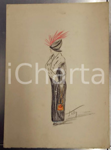 Stampa, bozzetto originale 1930 ca MODA INVERNALE Donna con cappello di piume *Bozzetto A MANO Ill. TILLY 1