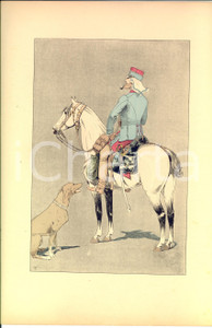 Stampa, bozzetto originale 1890 L. VALLET Le chuic à cheval  Officier du 9e de chasseurs en colonne Litho 1