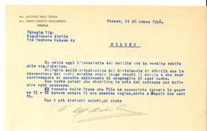 Manoscritto, lettera originale 1946 VERONA Avv. Alfonso BALIS CREMA su lite familiare in corso *Lettera 1