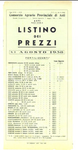 Materiale pubblicitario d’epoca Agosto 1958 ASTI Consorzio Agrario Provinciale *Listino fertilizzanti e mangimi 1