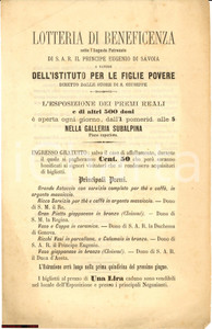 Oggetto da collezione cartaceo 1890 Lotteria beneficenza Istituto Figlie Povere 1