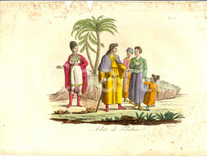 Stampa, bozzetto originale 1823 ASIA Abiti de  Tibetani Incisione SASSO Colorata a mano 1