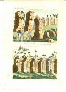 Stampa, bozzetto originale 1834 ASIA Rovine di antichi monumenti nell isola TINIAN Incisione 1