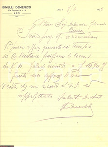 Documento originale, autentico 1929 ASTI Domenico BINELLI vende ventresca finissima tonno CORSA Lettera 1