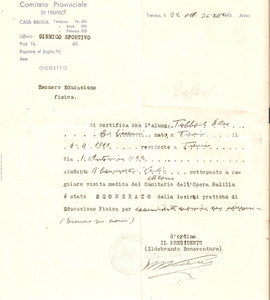 Documento originale, autentico 1934 ONB TREVISO Esonero educazione fisica Elsa TOBBONE 1