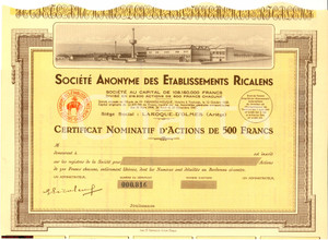 Oggetto da collezione cartaceo 1947 Certificat actions S. An. ETABLISSEMENTS RICALENS 1