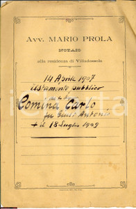 Documento originale, autentico 1907 MONTESCHENO (VB) Testamento Carlo COMINA ai nipoti 1