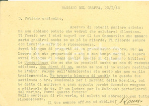 Documento originale, autentico 1943 BASSANO DEL GRAPPA (VI) Un dizionario biblico per don Lorenzo SERAFIN FG VG 1