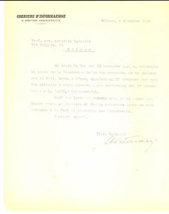 Autografo originale 1945 MILANO CORRIERE D'INFORMAZIONE Lettera direttore Aldo PALAZZI *AUTOGRAFO 1
