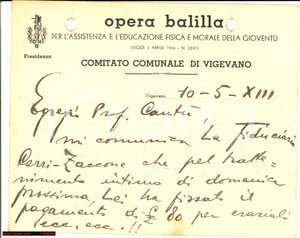 Documento originale, autentico 1935 ONB VIGEVANO PV Niente bollo per qualche canto 1