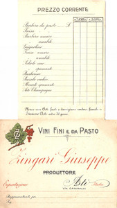 Materiale pubblicitario d’epoca 1930 circa ASTI Vini fini e da pasto Giuseppe ZINGARI 1
