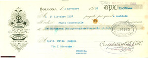 Oggetto da collezione cartaceo 1951 BOLOGNA Cambiale Cioccolata S.I.L.K. 1