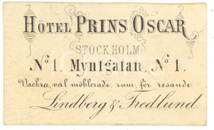 Oggetto da collezione cartaceo 1890 circa STOCKHOLM (SVEZIA) Hotel Prins OSCAR 1