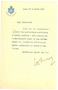 Autografo originale 1919 ROMA Angiolo CABRINI popolazione BREME e SARTIRANA 1