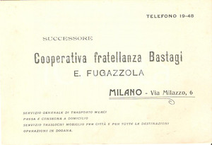 Oggetto da collezione cartaceo 1930 MILANO Cooperativa Fratellanza BASTAGI FUGAZZOLA Trasporto merci 1