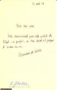 Autografo originale 1928 BRUNEAU DE LABORIE ringrazia per un articolo 1