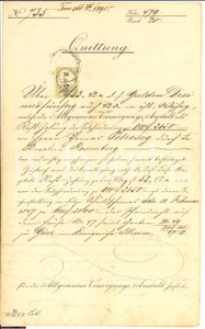 Documento originale, autentico 1874 IMPERO AUSTRO UNGARICO Quietanza incasso premio polizza assicurativa 1